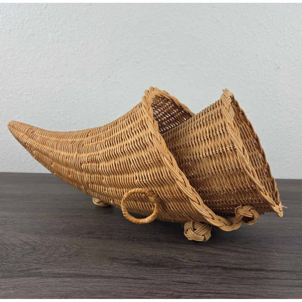 Vintage Wicker Cornucopia Basket 2pc Set Tan Thanksgiving Fall Decor Rustic